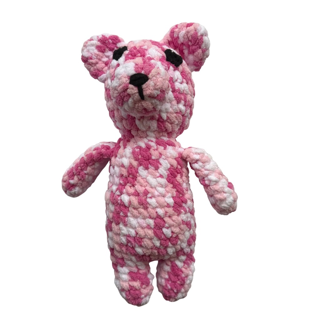 Handmade Crochet Teddy Bear Amigurumi Pink White New Chunky Chenille Plush 13 in